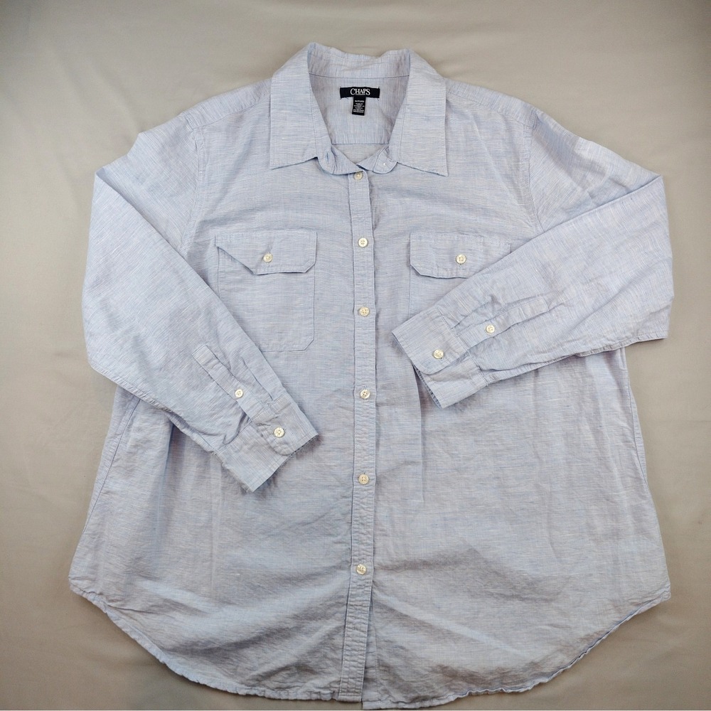 Chaps Womens 1X/XL Linen Cotton Button Down Shirt Light Blue Long Sleeve